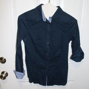 Van Heusen Fitted Navy Blue Polka Dot Blouse Sz S